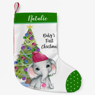 Cute Girl Elephant BABY'S EERSTE CHRISTMAS Green Kleine Kerstsok