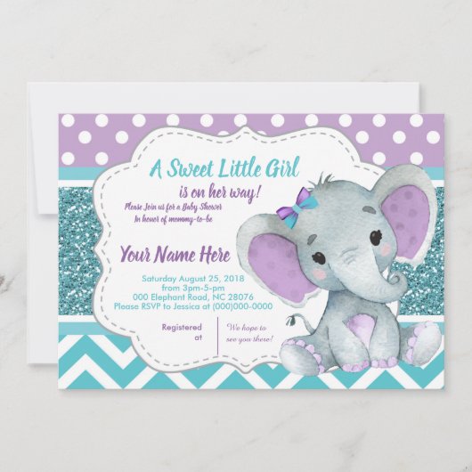 Cute Girl Elephant Invitation pour Baby shower Tur (Devant)