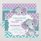 Cute Girl Elephant Invitation pour Baby shower Tur (Devant / Derrière)