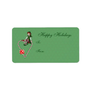 Cute Girl Elf Candy Cane Heart Holiday Gift Label