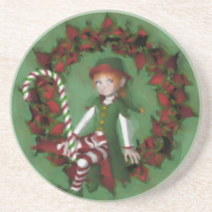 Cute Girl Elf Poinsettia Wreath Holiday Onderzette Zandsteen Onderzetter