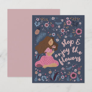 Cute Girl en Flowers - Stop en geniet van de bloem Notitiekaartje