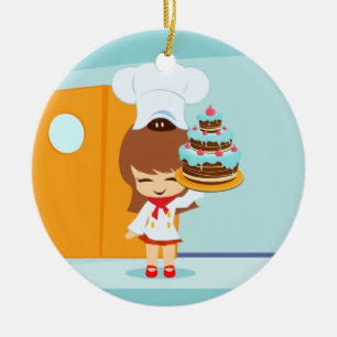 Cute Girl holding Chocolate Birthday Cake Keramisch Ornament