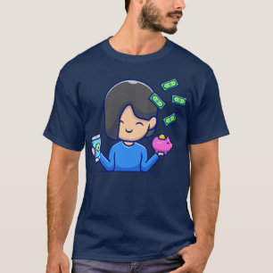 Cute Girl Holding Phone en Piggy Bank met geld T-shirt