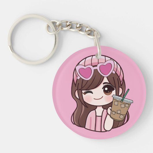 Cute Girl Iced Coffee Keychain (Voorkant)