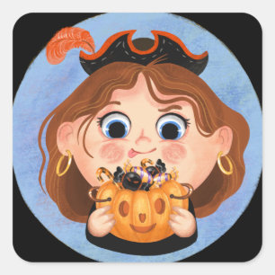 Cute girl in een piraat Halloween-kostuum Candy Ti Vierkante Sticker