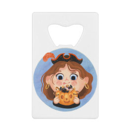 Cute girl in een piraat Halloween kostuum Kredietkaart Flessenopener