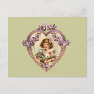 Cute  Girl & Kitten Floral Heart Briefkaart