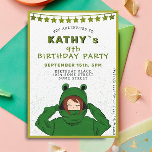Cute Girl met Green Frog Hoody Drawing Birthday Kaart