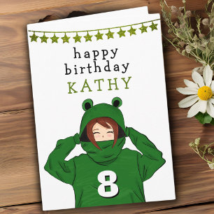 Cute Girl met Green Frog Hoody Drawing Birthday Kaart