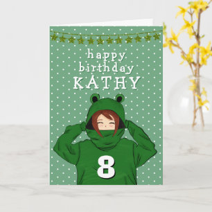 Cute Girl met Green Frog Hoody Drawing Birthday Kaart