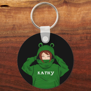 Cute Girl met Green Frog Hoody Drawing Black Sleutelhanger
