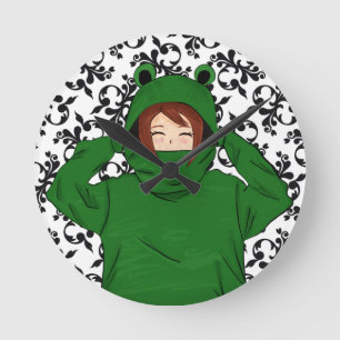 Cute Girl met Green Frog Hoody Drawing Ronde Klok