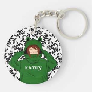 Cute Girl met Green Frog Hoody Drawing Sleutelhanger
