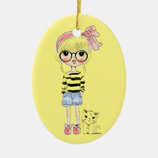 Cute Girl met ronde glazen en haar zoete kat Keramisch Ornament
