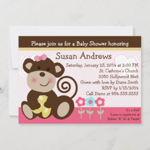 Cute Girl Monkey Baby shower Invitation Kaart