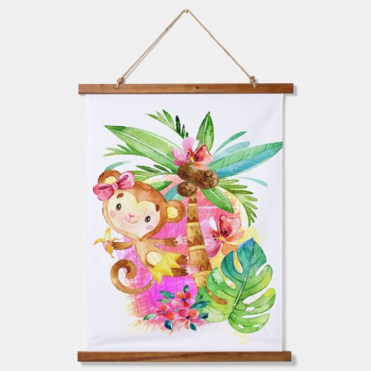 Cute Girl Monkey Climbing Tree Hangend Wandkleed (Voorkant)