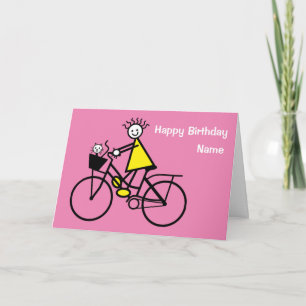 Cute Girl op Bike met Cat Birthday Card Kaart