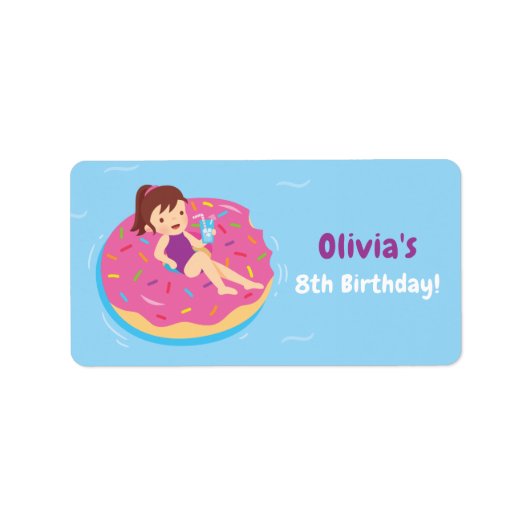 Cute Girl op Doughnut Float Birthday Party Labels (Voorkant)
