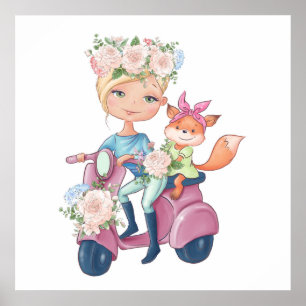 Cute Girl op Motor Scooter met Little Fox Poster