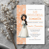 Cute Girl Peach Background Spanish First Communion Kaart