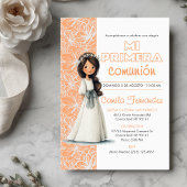 Cute Girl Peach Background Spanish First Communion Kaart