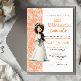 Cute Girl Peach Background Spanish First Communion Kaart