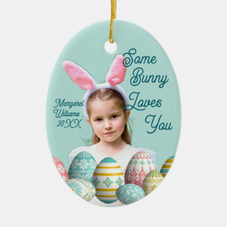 Cute Girl Photo Bunny Ears Blue  Keramisch Ornament