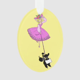Cute Girl Pink Dress Black poodle cartoon Ornament