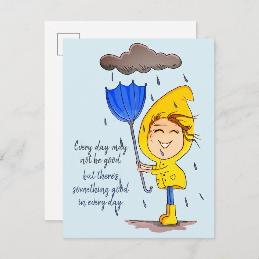Cute Girl Rainy Windy Day Grafische Aanmoediging Briefkaart (Voorkant / Achterkant)