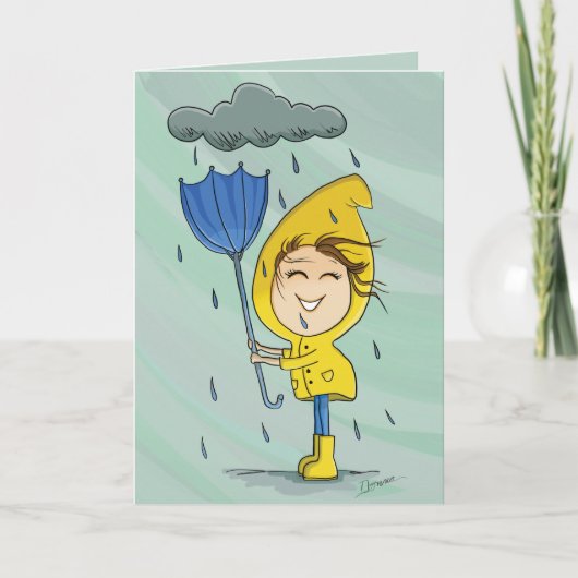 Cute Girl Rainy Windy Day Grafische Aanmoediging Notitiekaartje (Voorkant)
