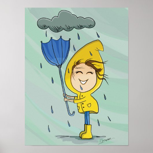 Cute Girl Rainy Windy Day Graphic Poster (Voorkant)