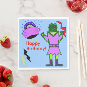 Cute Girl Robot Roze Ruimteschip Verjaardagsservet Servet