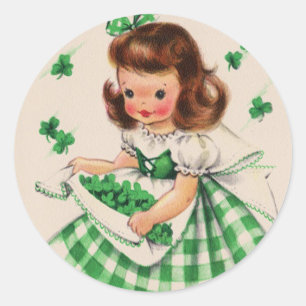  Cute Girl Shamrock St Patrick's Day Kaart Ronde Sticker