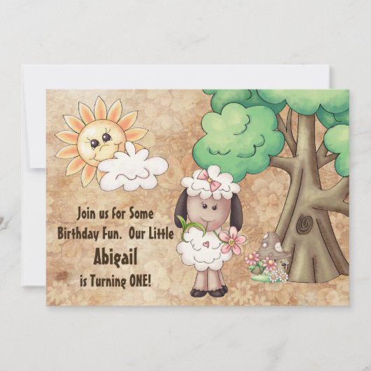 Cute Girl Sheep et Flowers 1er Invitation d'annive (Devant)