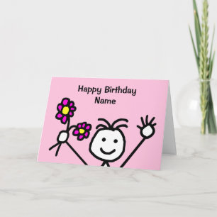 Cute Girl Smiling Waving Flowers Pink Birthday Kaart