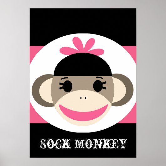 Cute Girl Sock Monkey Black Pink Stripes Poster (Voorkant)