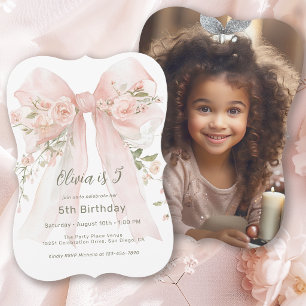 Cute Girl's 5e verjaardag Roze bloemboog en foto Kaart