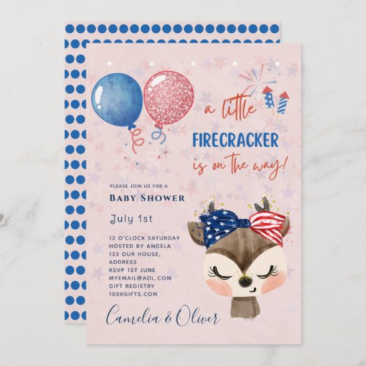 Cute Girls Baby shower US Little Firecracker Deer Kaart (Voorkant / Achterkant)