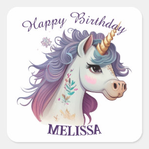 Cute Girls Elegant Paars Magical Unicorn Birthday Vierkante Sticker