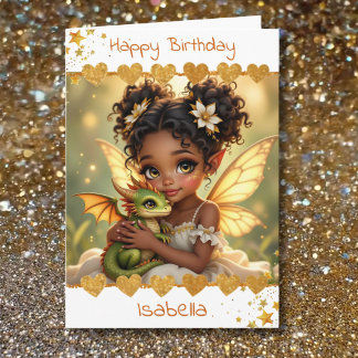 Cute Girl's Fairy and Dragon Themed Birthday Kaart