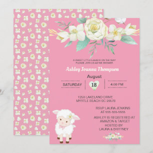 Cute Girls Floral Lamb Baby shower Invitation Kaart
