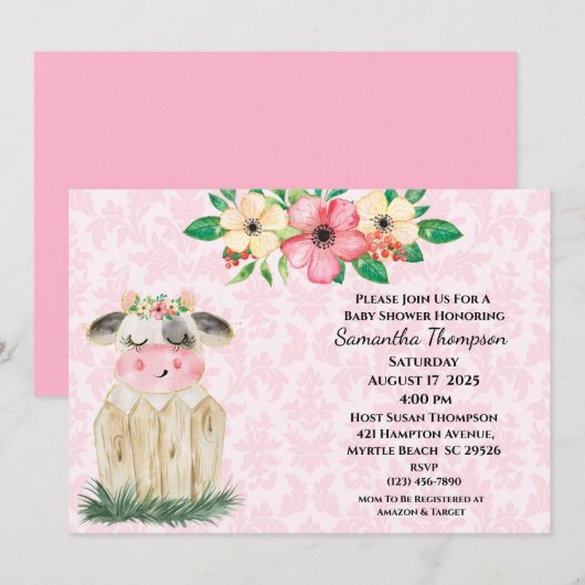 Cute Girls Pink Floral Koe Baby shower Uitnodiging (Voorkant / Achterkant)