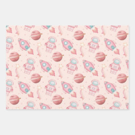 Cute Girls Space Birthday Pink Astronaut Inpakpapier Vel