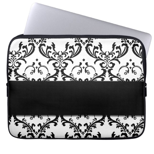 Cute Girly Black Damask Pattern Laptop Sleeve (Voorkant)