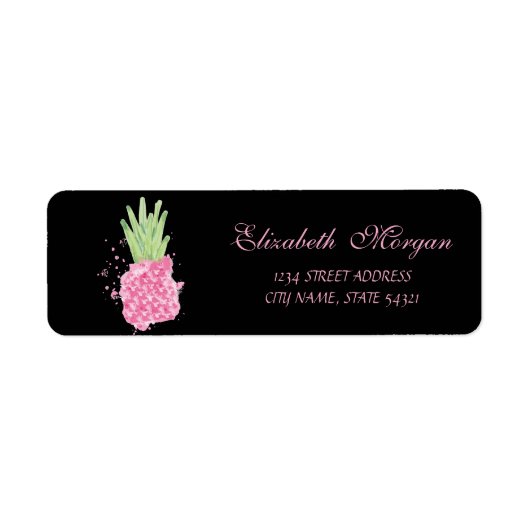Cute Girly Black Waterverf Pink Pineapple Etiket (Voorkant)