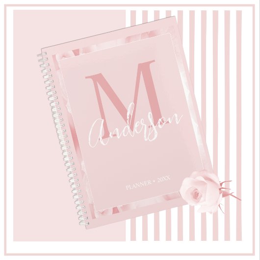 Cute Girly  Blush Pink Floral Monogram Planner