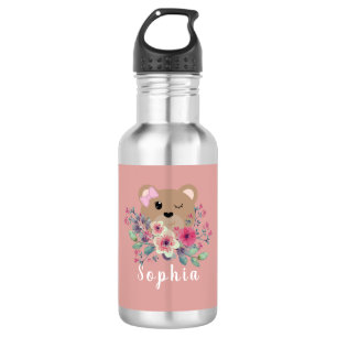 Cute Girly Blush Pink Teddy Bear Floral Kinder Waterfles