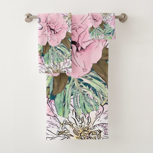 Cute Girly Blush Pink & White Floral Illustration Bad Handdoek (Insitu)