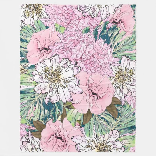 Cute Girly Blush Pink & White Floral Illustration Fleece Deken (Voorkant)